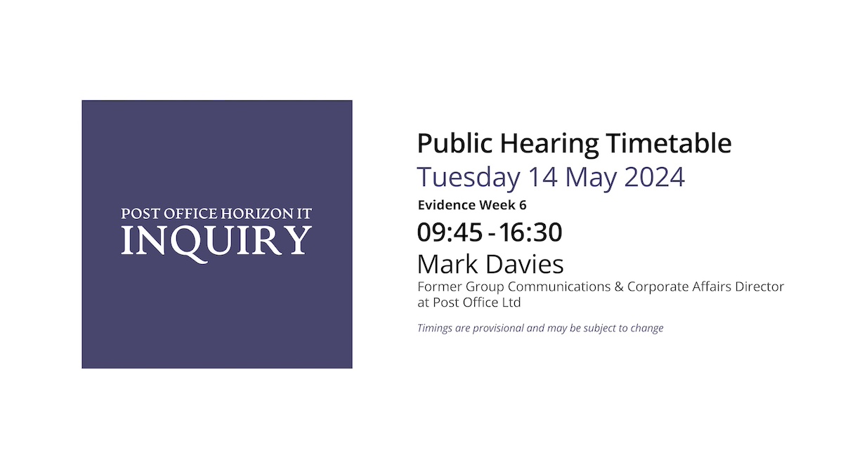 Today's hearing will start from 0945 with evidence from Mark Davies, former Group Communications & Corporate Affairs Director at Post Office Ltd. Please use the below link to follow this morning's proceedings 👇 youtube.com/live/IVrVTYOow… #PostOfficeInquiry