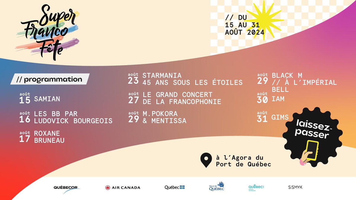 • LE GRAND CONCERT DE LA FRANCOPHONIE • 
@MPokora sera présent à la SuperFrancoFête les 27 & 29 Août 2024 à l’Agora du Port de Québec. 🇨🇦🍁🎤

#mattpokora #mpokora #agora #epicentre #epicentretour #superfrancofete 

🔗 : superfrancofete.com/billetterie/