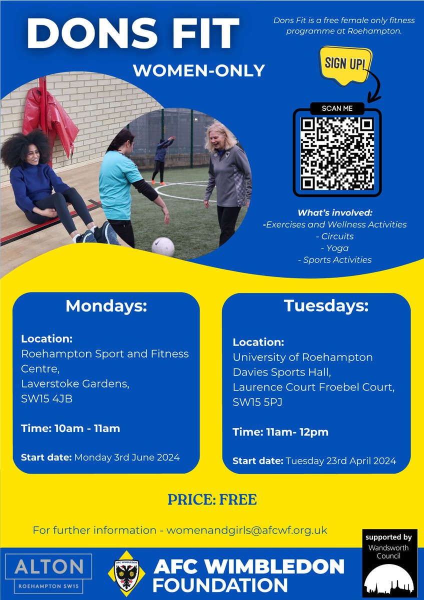 Dons Fit offers women of all abilities a welcoming environment to take part in group exercises and wellness activities, such as circuits, yoga and sports with the aim to improve health, fitness and confidence.