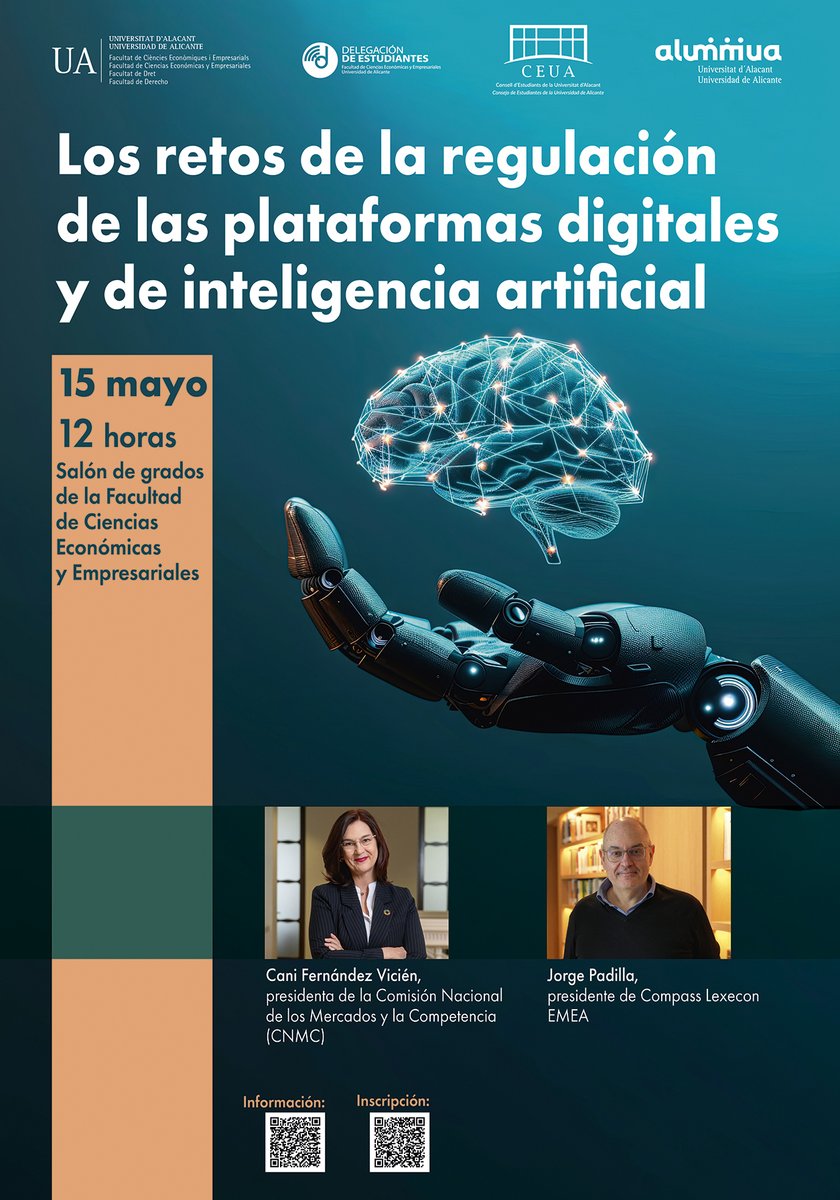 La regulación de las plataformas digitales y de inteligencia artificial, a debate con la presidenta de la Comisión Nacional de los Mercados y la Competencia, Cani Fernández, y el presidente de Compass Lexecon EMEA y egresado de la UA, Jorge Padilla... s.ua.es/es/MWty