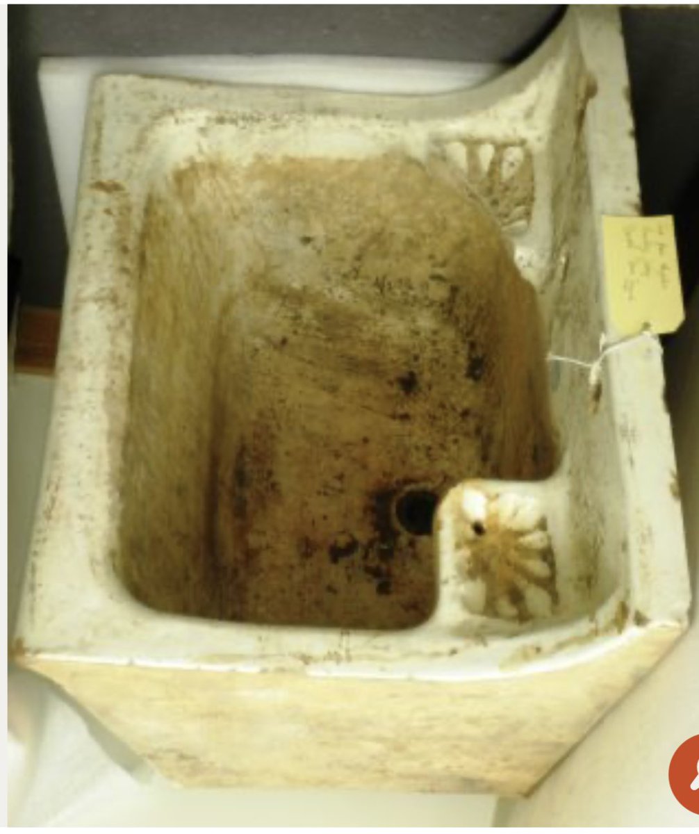 1/2 When the #MagdalenLaundry in Galway was demolished in 1991 a few items were littered among the rubble. Rescued and now in storage @GalwayMuseum is a sink made by ‘J & M. Craig Limited, Kilmarnock', stained by decades of women’s incarceration it is one of the few items
