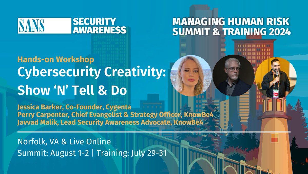 The Javvad Malik A.I. (@j4vv4d) on Twitter photo Heading to the SANS 2024 Managing Human Risk Summit in Virginia? Well, look out for <a href="/drjessicabarker/">Jessica Barker MBE</a> <a href="/PerryCarpenter/">Perry Carpenter</a> and myself hosting our Cybersecurity Creativity Show n tell & do workshop.
And my efforts to convince <a href="/lspitzner/">Lance Spitzner</a> I'm the man for him to outsource all posters to Heading to the SANS 2024 Managing Human Risk Summit in Virginia? Well, look out for <a href="/drjessicabarker/">Jessica Barker MBE</a> <a href="/PerryCarpenter/">Perry Carpenter</a> and myself hosting our Cybersecurity Creativity Show n tell & do workshop.
And my efforts to convince <a href="/lspitzner/">Lance Spitzner</a> I'm the man for him to outsource all posters to