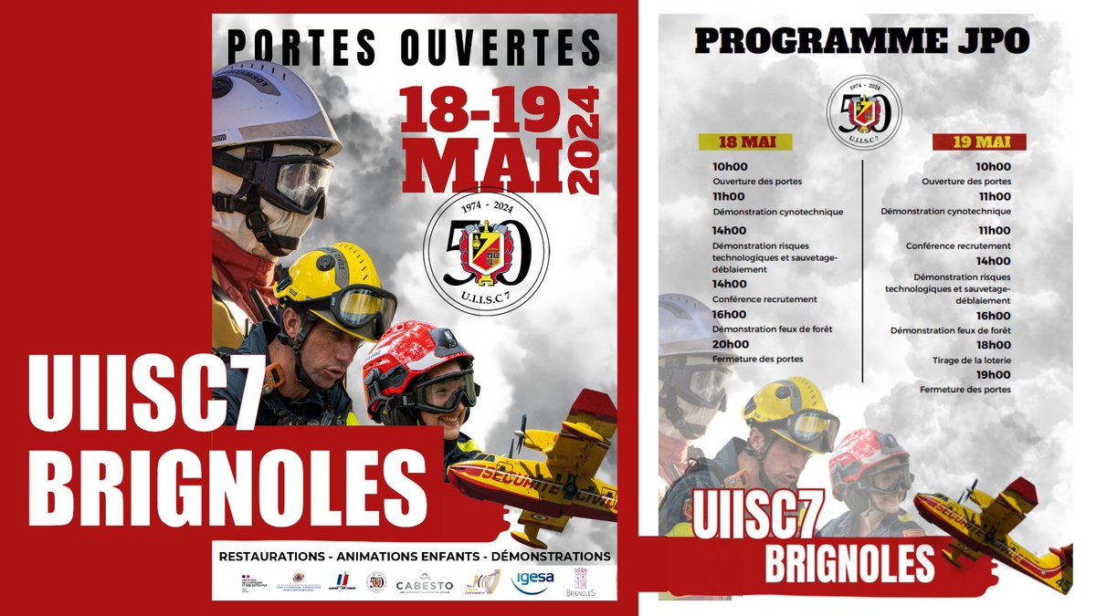 Prefet83's tweet image. #UIISC7 | 📣 Samedi 18 et dimanche 19 mai, l&apos;Unité d&apos;instruction et d&apos;intervention de la sécurité civile de Brignoles ouvre ses portes avec un programme exceptionnel pour ses 50 ans ⤵
✅ Petits et grands sont les bienvenus !
➕ d&apos;infos sur l&apos;UIISC7 👉 uiisc7-brignoles.fr