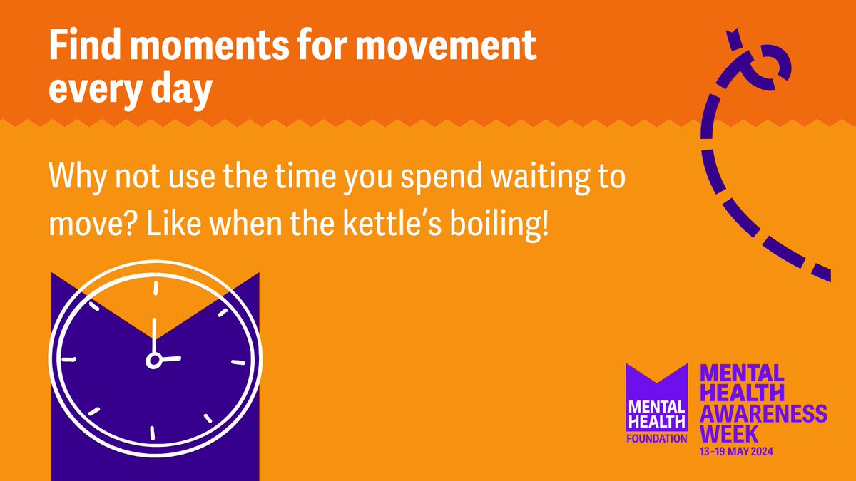 ELFSNHS (@elfsnhs) on Twitter photo This #MentalHealthAwarenessWeek, get moving for your mental health by finding moments for movement every day, like when you’re waiting for the kettle to boil!
Get more tips from <a href="/mentalhealth/">Mental Health Foundation</a> - visit mentalhealth.org.uk/movement-tips This #MentalHealthAwarenessWeek, get moving for your mental health by finding moments for movement every day, like when you’re waiting for the kettle to boil!
Get more tips from <a href="/mentalhealth/">Mental Health Foundation</a> - visit mentalhealth.org.uk/movement-tips