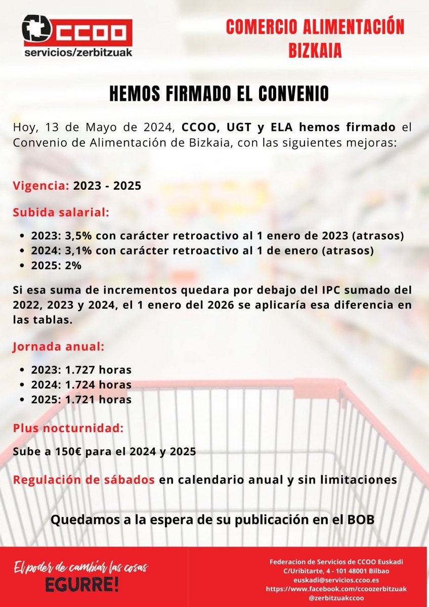 CCOO 📝firma junto a ELA y UGT el convenio de Comercio de Alimentación de #Bizkaia, que estaba sin renovar desde el 2022. ➕ SALARIO ➖ JORNADA Vigencia : 2023-2025 @serviciosccoo @ComercioCCOO @CCOOeuskadi Más info 👇👇