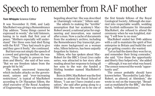 Great piece in @thetimes by @whippletom on the 'charmingly volcanic' Lady Rachel MacRobert, inspiration for our @RAEngNews #MacRobertAward - more here on @BBCRadio4 #GreatLives with our CEO Hayaatun Sillem and @GordonMasterton bbc.co.uk/programmes/m00… #ThisisEngineering