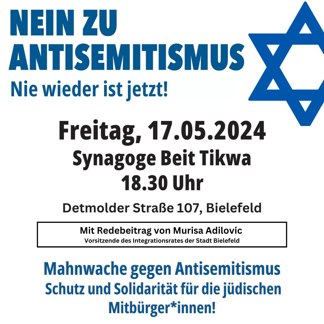 #NieWiederIstJetzt  Auf die Strasse gegen Antisemitismus! Schutz und Solidarität für unsere jüdischen Mitbürger*innen! 
𝐅𝐫𝐞𝐢𝐭𝐚𝐠, 𝟏𝟕.𝐌𝐚𝐢 𝟐𝟎𝟐𝟒 📷 𝟏𝟖.𝟑𝟎 𝐔𝐡𝐫 𝐢𝐧 #𝐁𝐢𝐞𝐥𝐞𝐟𝐞𝐥𝐝
Redebeitrag von Murisa Adilovic, Vorsitzende Integrationsrat  Bielefeld