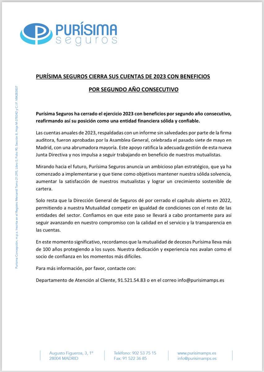 Confederación Mutualidades (@cmutualidades) on Twitter photo Nos alegramos del buen momento del sector y en concreto del de <a href="/PurisimaSeguros/">Purisima Seguros</a>
Nuestra sincera enhorabuena Nos alegramos del buen momento del sector y en concreto del de <a href="/PurisimaSeguros/">Purisima Seguros</a>
Nuestra sincera enhorabuena