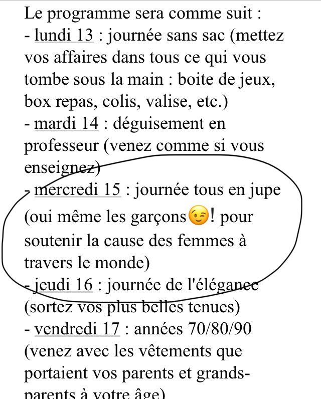 🟡 Signalement des #ParentsVigilants:

Dans un établissement scolaire des Hauts-de-Seine, on propose à tous les élèves de 3e, garçons y compris, de venir demain en jupe. 
Selon les organisateurs ça permettrait de « soutenir la cause des femmes »…

Ou comment la bêtise s’allie au…