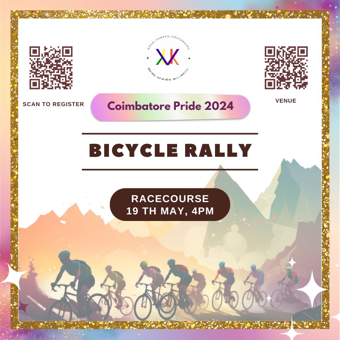 BlackPythoncbe's tweet photo. Hello Makkale 

KVK Presents Bicycle Rally for LGBTQIA+ Community 
 
Namma Coimbatore la coming Sunday (May 19th) Race Course la Evening 4PM ku Thamos Park stop la irunthu Start aaguthu Kalanthukanum nu irukkavanga register pannunga inga 👇👇
https://t.co/sBseHpj9Sd https://t.co/TmTeRvJjUO
