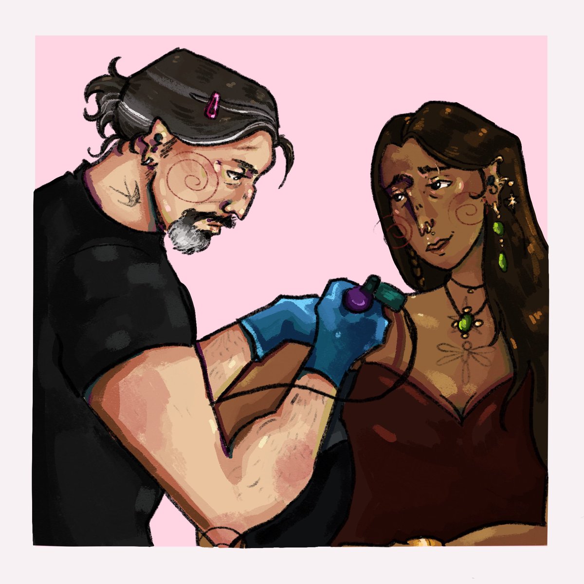 Little bit of my modern au!! Izzy is a tattoo artisans just got his license hehe (Eliza is the first one to get officially tatted and is a lil too proud of him) #OurFlagMeansDeath #IzzyHands