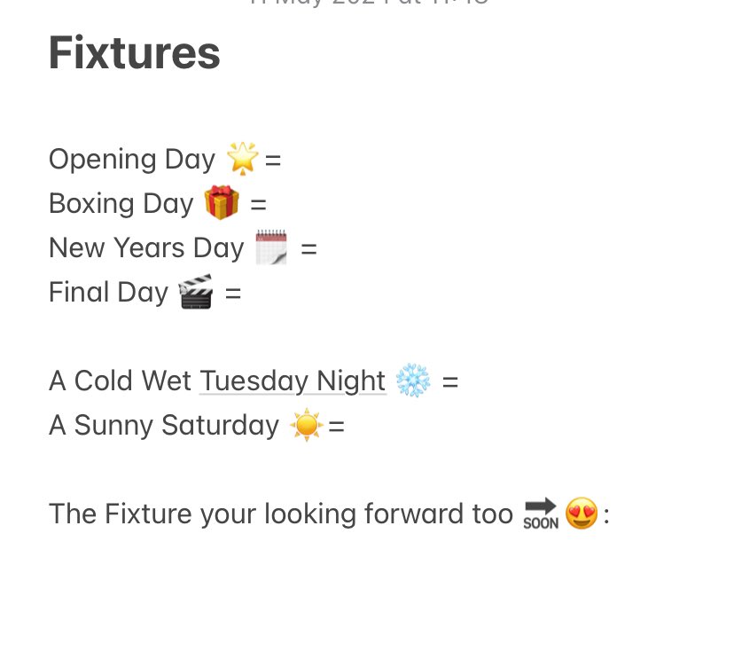 Opening Day = A home game but will be Braintree away Boxing Day = Rochdale Away (yes away again) NYD = Altrincham Home (cos it always is 😅) Final Day = Barnet Home Fixuture looking forward to = None of them - we've played them all before