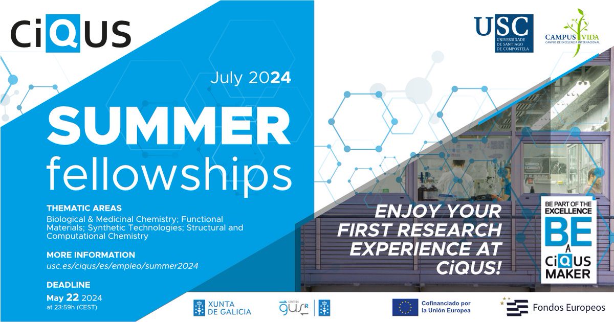 🌊 This summer, join CiQUS scientists for cutting-edge research in a challenging environment.

🫵If you're a passionate student into Chemistry or related sciences, don't miss the chance to become a #CiQUSmaker!

15 #SummerFellowships

⏰ Apply by May 22: usc.es/ciqus/en/jobs/…