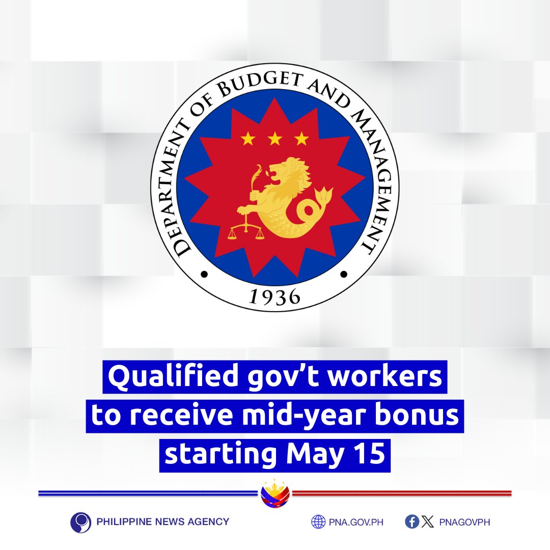 The mid-year bonus is equal to an employee’s one-month basic pay given to eligible personnel who have worked at least four months from July 1 of the previous year to May 15 of the current year.

FULL STORY: pna.gov.ph/articles/12246…