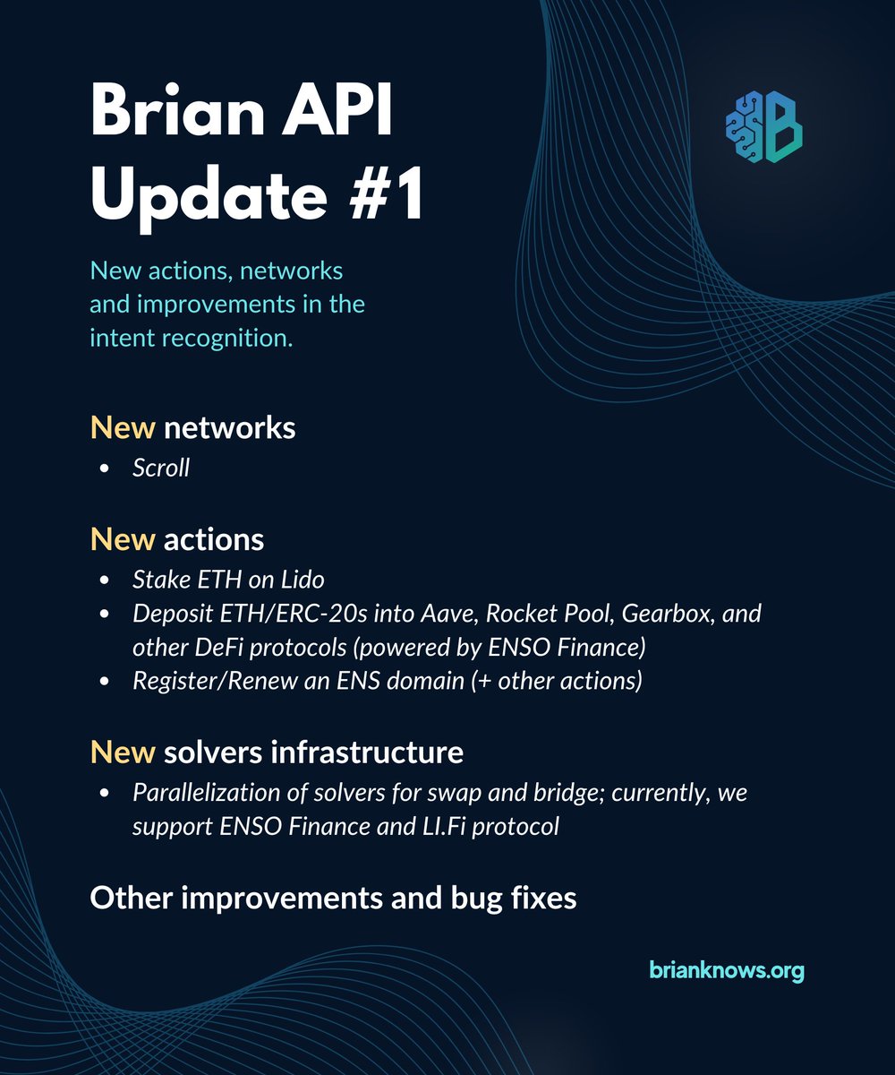 📣 Brian API Update #1 This is our first significant update since the API  launch two months ago: 📜 @Scroll_ZKP is a new supported network 💠 Stake  $ETH on @LidoFinance on Ethereum