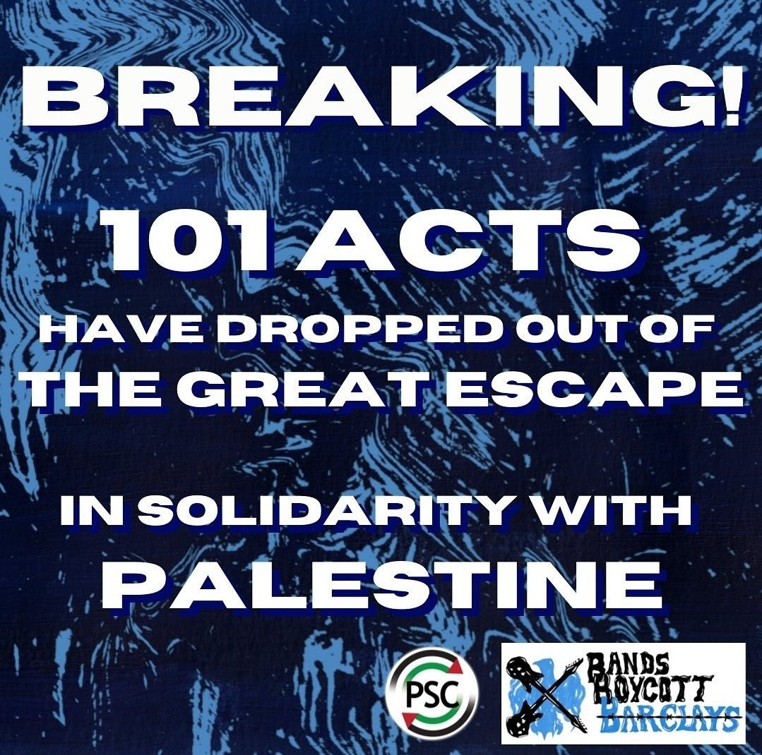 Palestinians salute the 100+ artists who have boycotted @thegreatescape that is partnered with Barclays, which has billions invested in companies arming Israel's genocide. #tge24