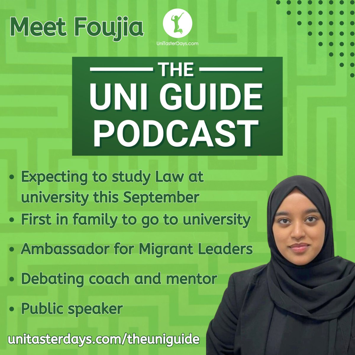 Meet Foujia, the newest member of the Uni Guide #Podcast panel! She's hoping to study #Law this year. Foujia features on the latest episode, talking university #accommodation. We'll hear from Foujia throughout her studies, supporting students considering #university #UTDIAG