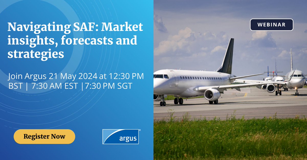 Join Argus, Tuesday May 21st for the latest SAF webinar with live Q&A As the sustainable aviation fuel (SAF) market surges forward, staying informed is key to leveraging its potential. okt.to/5whs0k #biofuels #saf #renewables #oilproducts
