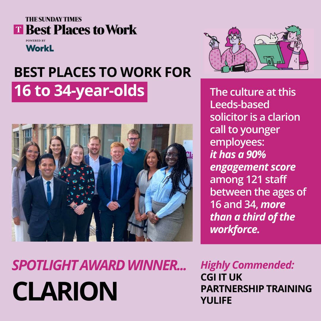 Who came out on top as The Sunday Times UK (@TheTimes) Best Places to Work for 16 - 34-year-olds?

🥁 🥁 🥁 

🏆 Massive congratulations to @ClarionLaw!
 
👏 Highly commended in the category: @CGI_UKNEWS, Partnership Training and @yulife!