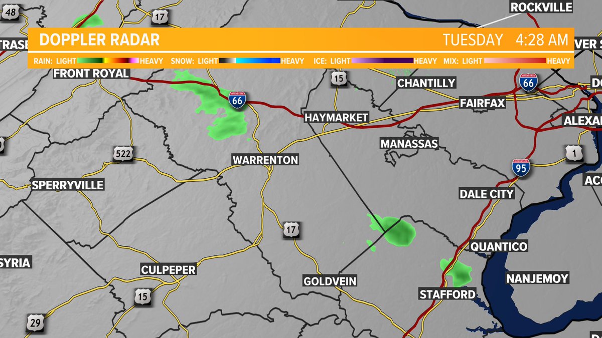 Some light #rain showers from Front Royal down to Stafford... not much more than a little spray on the windshield. More widespread rain arrives for the afternoon rush hour, though. #WUSA9Weather @WUSA9