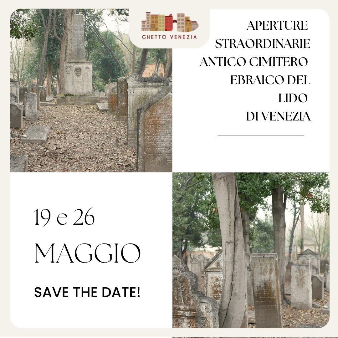 Aperture straordinarie dell'#AnticoCimiteroEbraico al #LidodiVenezia Domenica 19 e domenica 26 maggio, alle 10.30, 12.00, 14.30 e alle 16.00 sarà possibile visitarlo accompagnati da una guida esperta. Per info e prenotazioni: + 39 0415246083 - ghettovenezia@operalaboratori.com