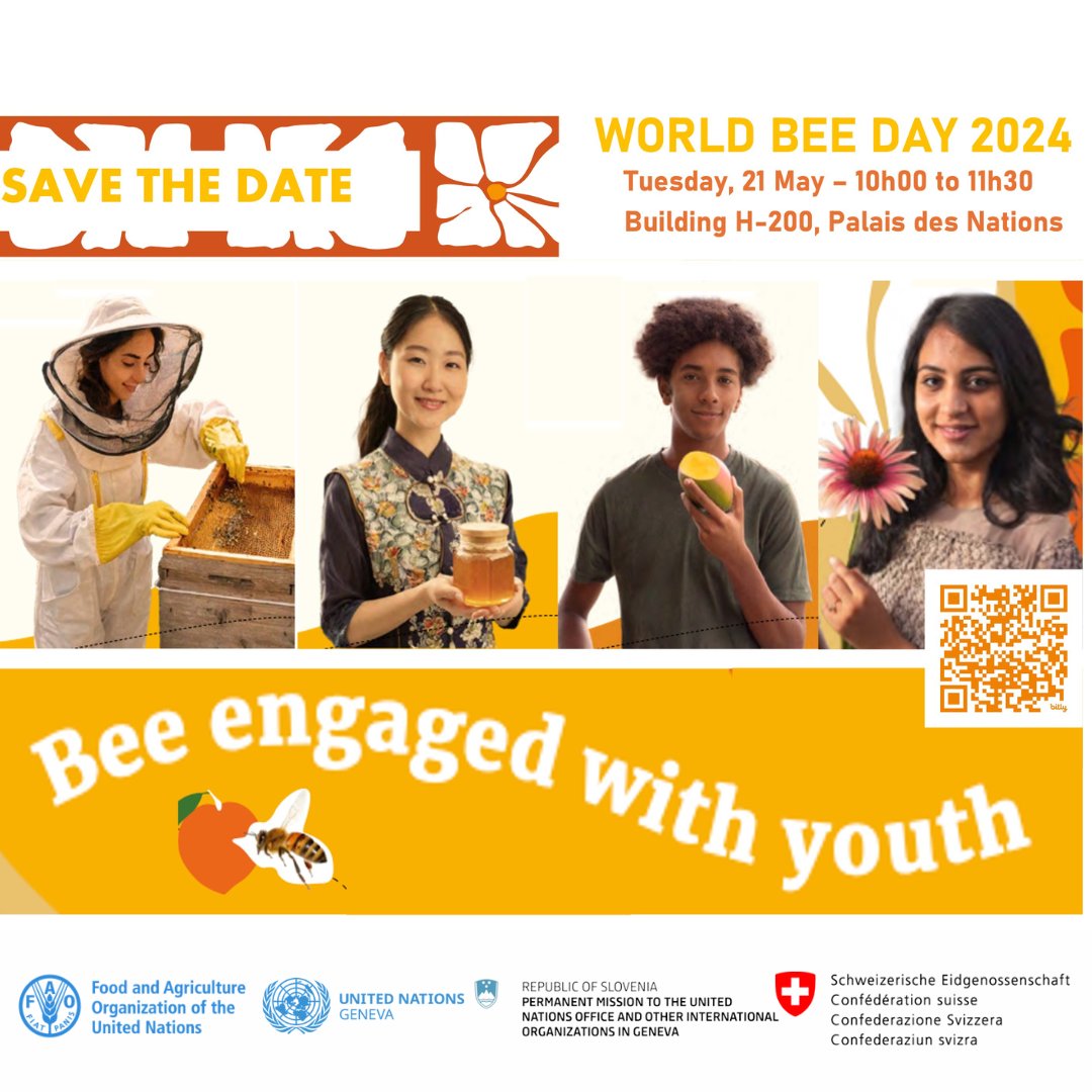 Join us for #WorldBeeDay 2024 Celebration Event: 'Bee Engaged with #Youth' @UNGeneva, jointly organized by Slovenia 🇸🇮, Switzerland🇨🇭,@FAO & @UN🇺🇳

➡️Encouraging intergenerational knowledge exchange
➡️Inspiring a new generation of environmental leaders

🙋‍♀️bit.ly/3JXKiBV