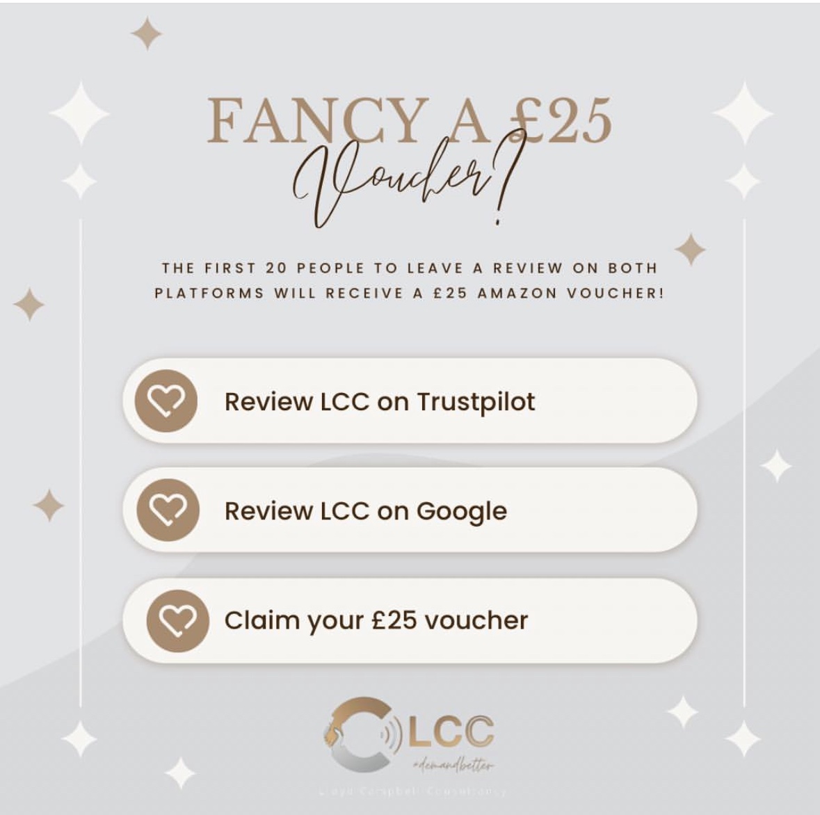 Who wants to bag a £25 Amazon voucher? 

Leave us a review on BOTH Trustpilot & Google, screenshot both of these to us and the voucher is yours! 

We’re only giving away 20 so be quick ⏱️ 

#lcccustomer #referralrewards #makingbusinessbetter #supportallbusiness  #GiveawayAlert