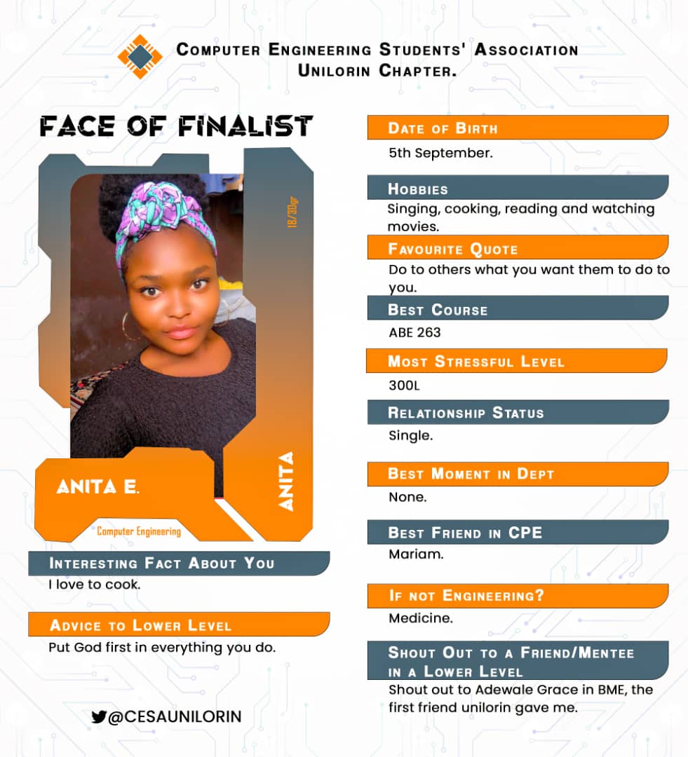 🎓 Meet *Anita*, one of the (female) scholars we have in the Department 😁

 *Anita*; is *committed to her studies* 

Cheers to our finalist!🌟

#FaceOfTheFinalist #ClassOf2023