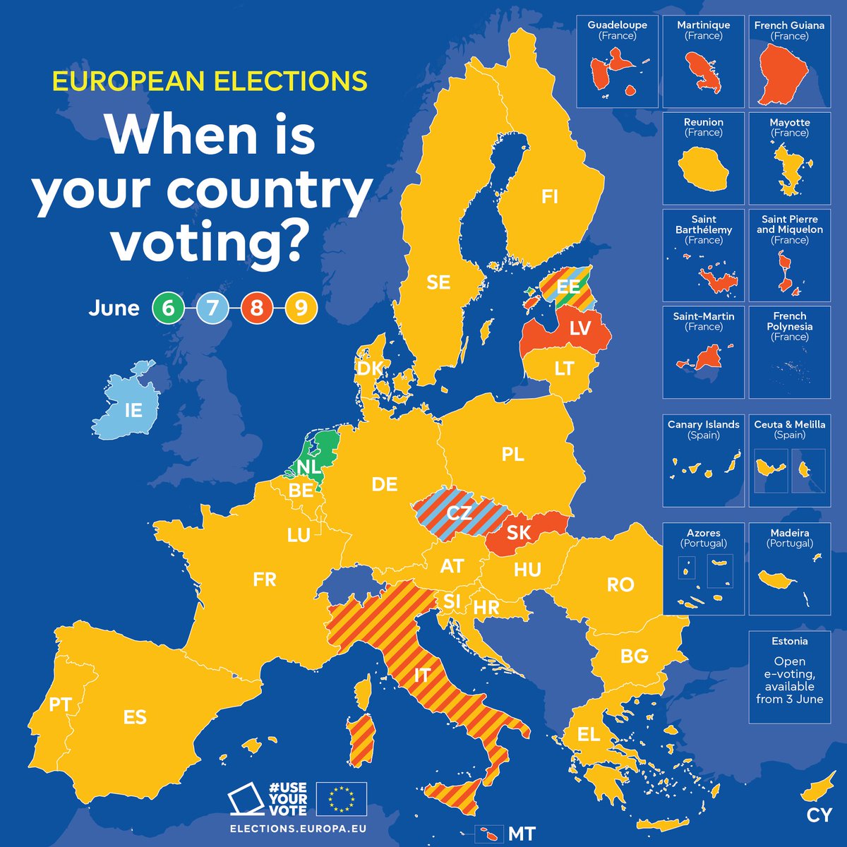 🇪🇺 On 6-9 June, Europeans will choose the 720 members of the European Parliament that will represent them for the next five years. 🇨🇾 Cyprus votes on the 9th of June! Check this map below to see when you can cast your vote 👇 #UseYourVote. Or others will decide for you!