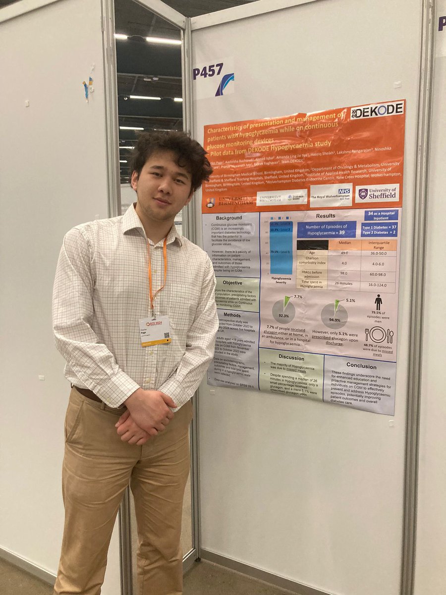 Congratulations to Charles Page for displaying his poster on hypoglycaemia whilst on continuous glucose monitoring at ECE 2024! @ESEndocrinology 👏 👏 #FutureLeaders @uobmbchb @UoB_IAHR