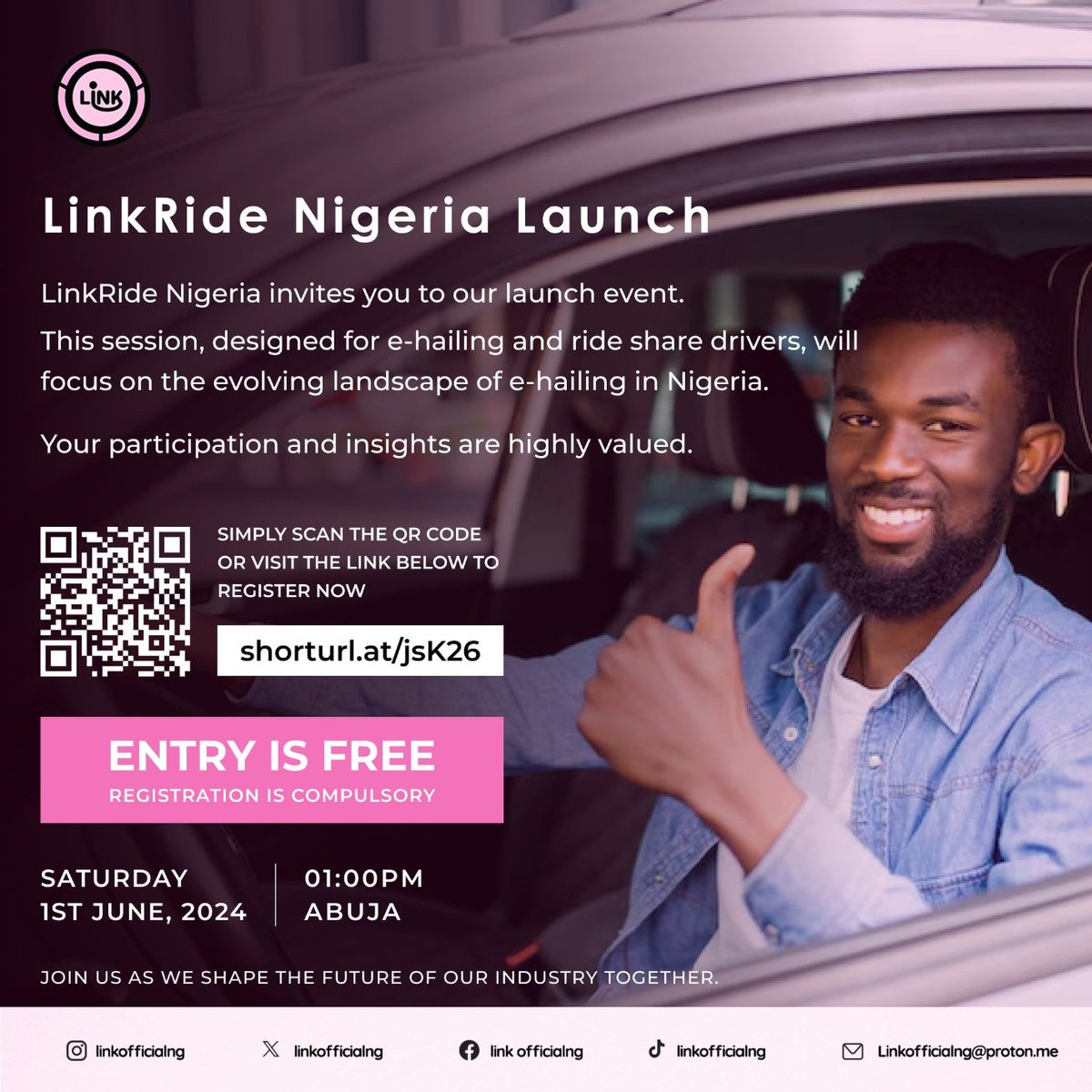 💥💥💥💥💥💥💥💥💥 Calling all #Abuja rideshare #drivers! You're invited to the Launch of #LinkRide Nigeria June 1st, 2024 1:00 PM Prompt Entry is FREE. Register 👉👉bit.ly/LinkRideLaunch For inquiries, contact Linkofficial@protonmail.com