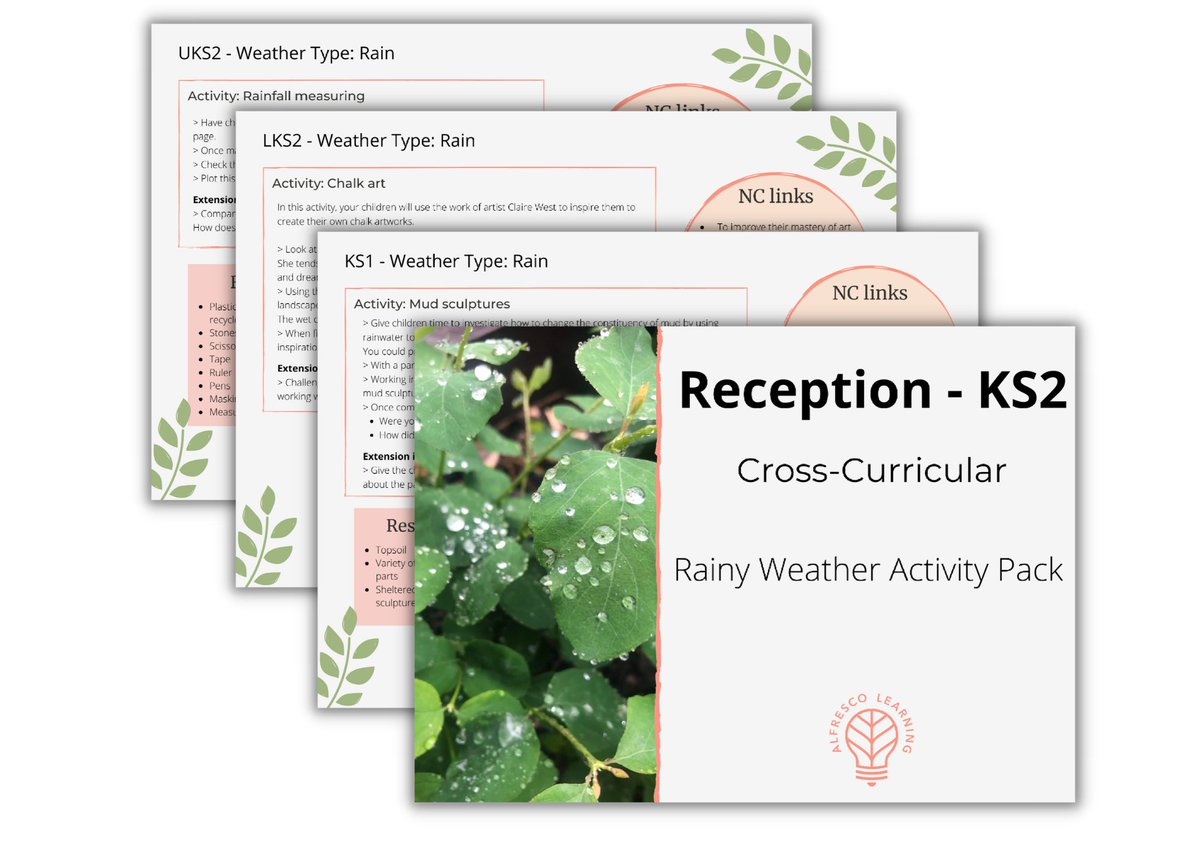 🌧️Struggling to know how to take your class outside now the rain is back?

Here's the link for our FREE Rainy Weather Activity Pack, ideas on how to get outside, and reasons why.

alfrescolearning.co.uk/blog/5-reasons…

#edutwitter 
#sats2024 
#MentalHealthAwarenessWeek2024 
#PrimaryRocks