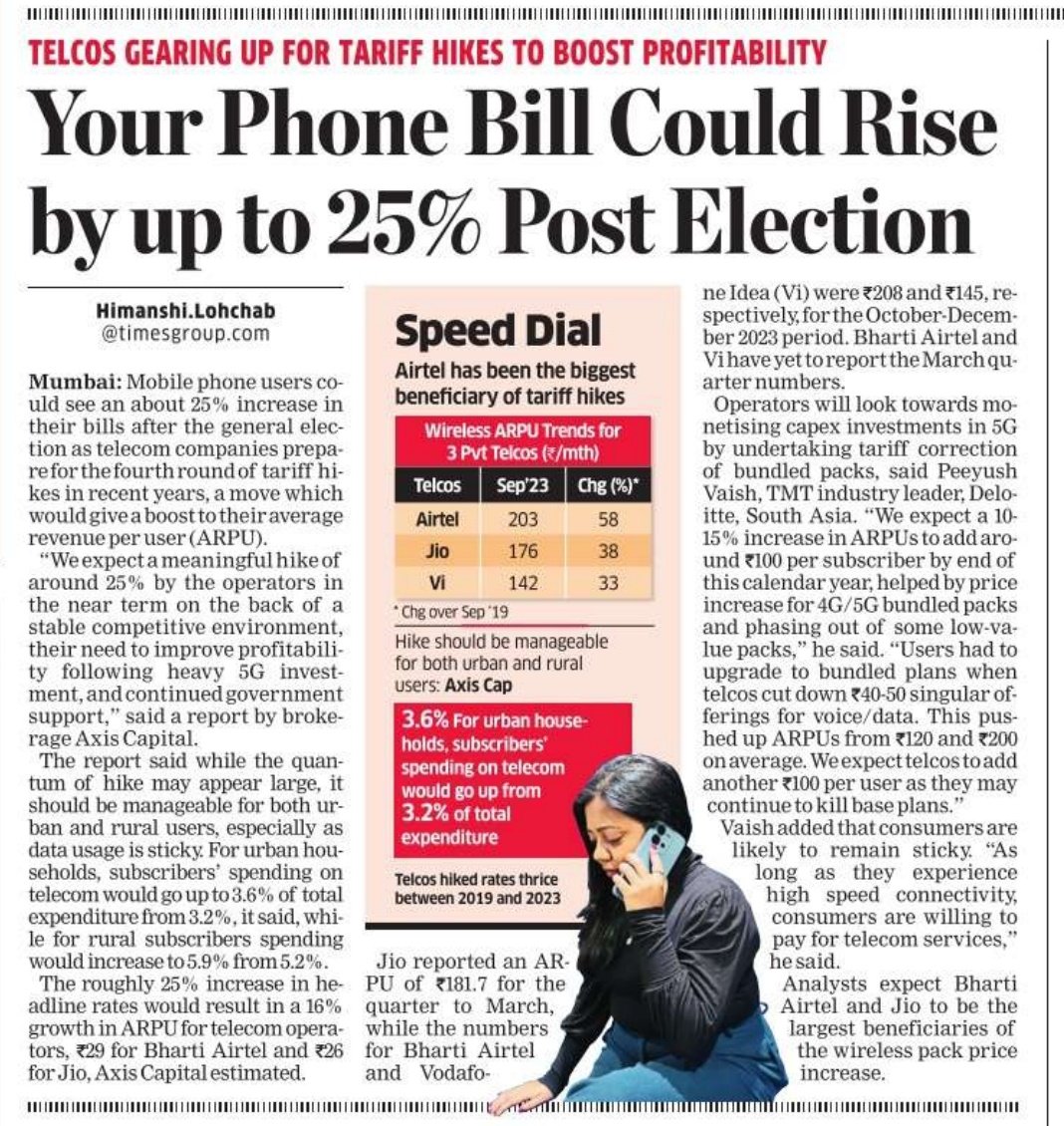 The Indian capitalists are quietly waiting for the elections to end so they can increase their profits by squeezing the public. This would kill the middle class category of India. Who has mobile phones & using the internet. They won't be able to pay the prices for their