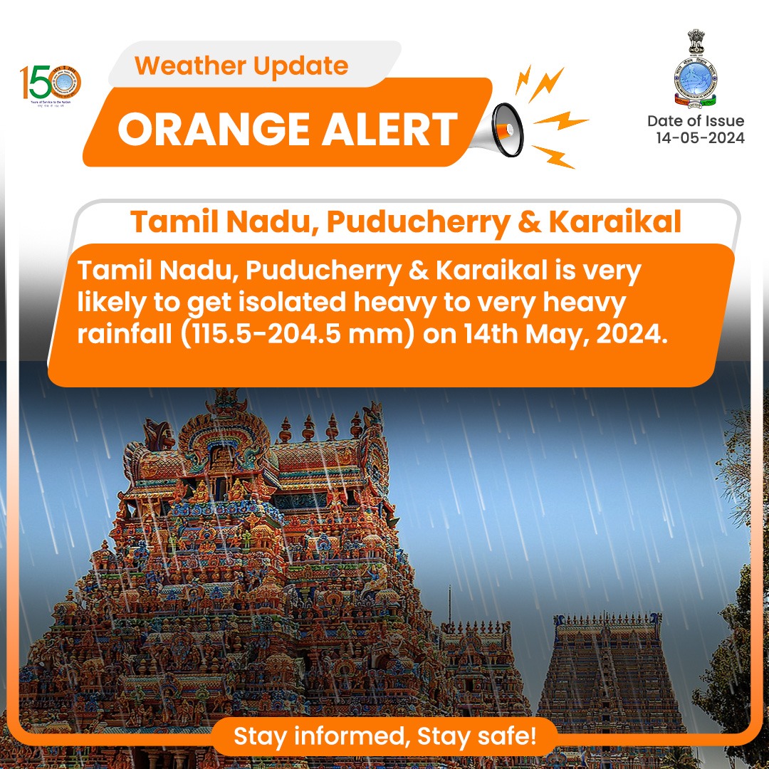 Tamil Nadu, Puducherry & Karaikal is very likely to get isolated heavy to very heavy rainfall (115.5-204.5 mm) on 14th May, 2024.

#heavyrain #rainfallalert #weatherupdate

@moesgoi @DDNewslive @ndmaindia @airnewsalerts