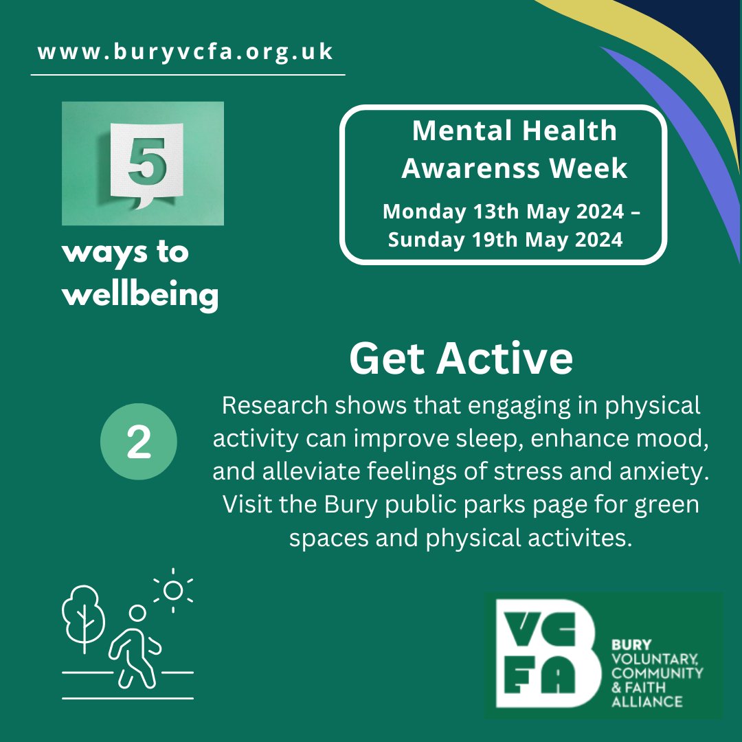 5 Ways to Wellbeing🏃‍♂️ 'Get Active' - Boost your mood and well-being by getting moving! Explore Bury's public parks for green spaces and various physical activities. Let's prioritize our health together! lght.ly/ef1o5m8 #MentalHealthAwarenessWeek