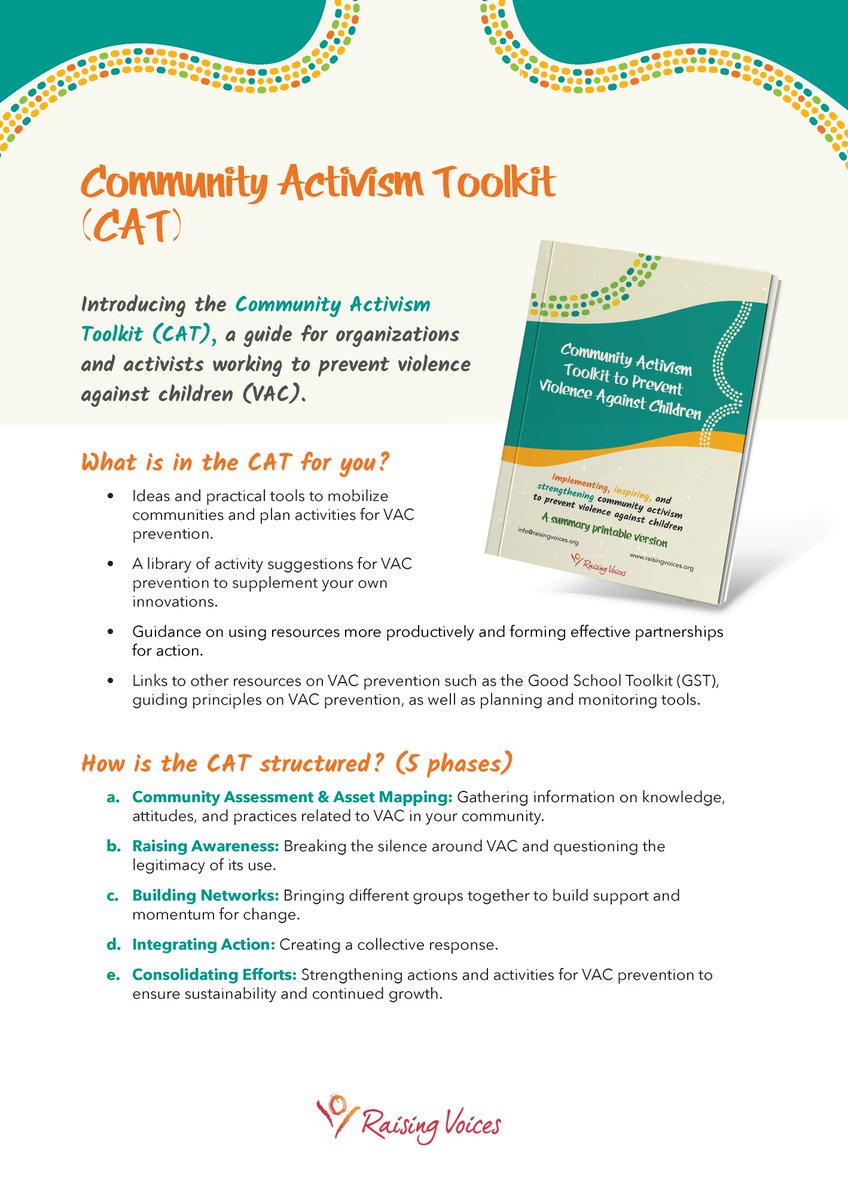 The “Community Activism Toolkit” provides organizations and individual community activists with ideas and practical tools to mobilize communities for VAC prevention. We share an overview of the toolkit here in this flyer for easier use. Find it here raisingvoices.org/resources/comm…