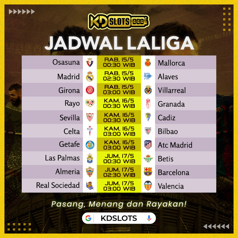 JADWAL LIGA INGGRIS & LALIGA | KDSLOTS

Laga ini begitu penting bagi tim tamu Man City, karena akan menentukan peluang mereka mempertahankan gelar juara Premier League, pertandingan ini disiarkan langsung di KDSLOTS.

#jadwalbola #Ligainggris #laliga #bola #betbola #sportsbook