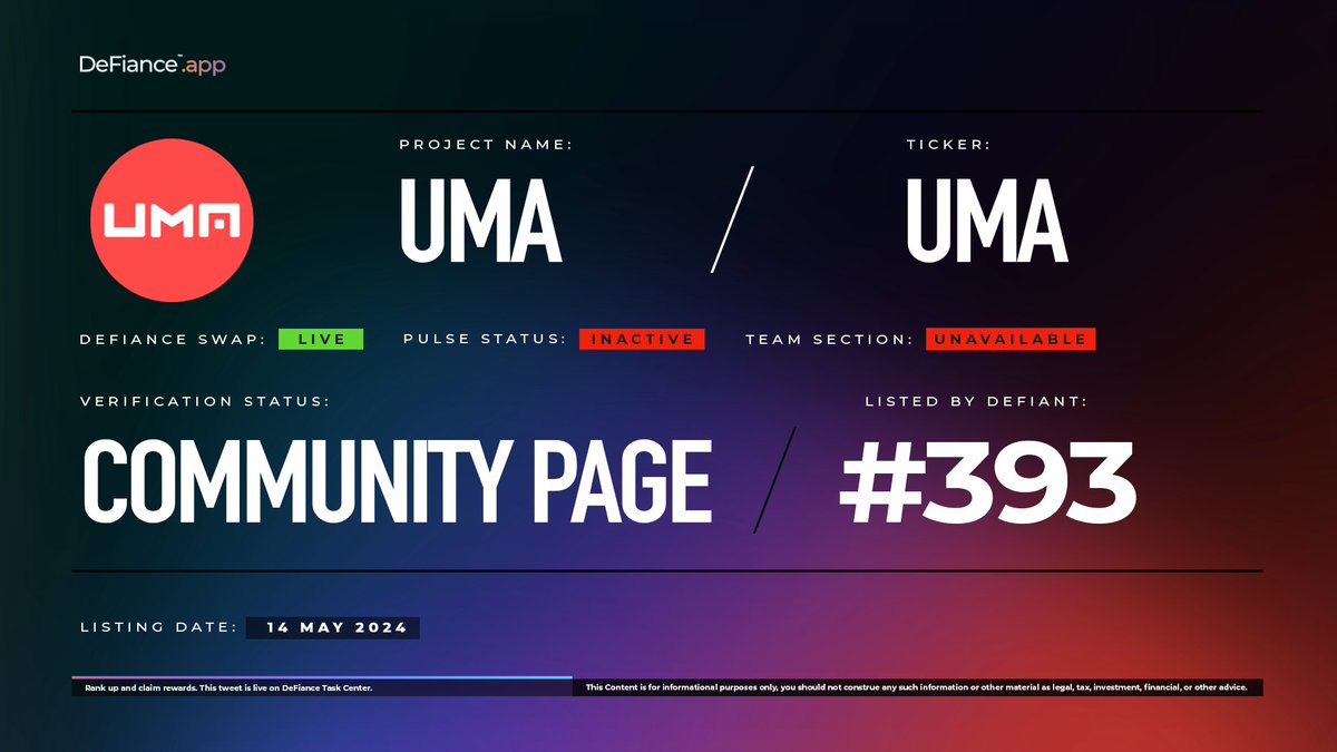 .@UMAprotocol community page is now live on DeFiance.app/project/Uma. 

$UMA is now listed on #DeFianceSwap. 

UMA is an optimistic oracle and dispute arbitration system that securely allows for arbitrary types of data to be brought on-chain. 

Learn more at:…