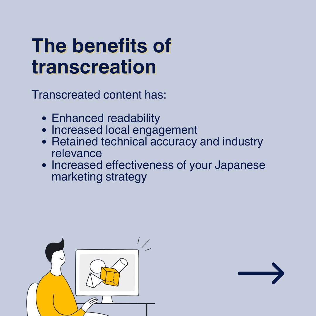 Enhance readability, retain accuracy, and boost engagement. 🚀

Transcreation is your key to effective content in new markets. See how it can transform your marketing strategy in Japan👇