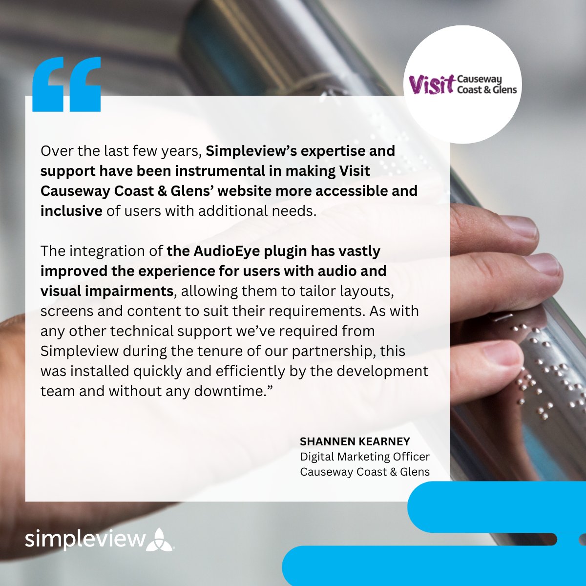 💬 “The team at Simpleview has been able to provide us with insights and recommendations for making accessibility improvements to our website over the years, which we’re very grateful for,” said Shannen from @VisitCauseway. ow.ly/oZ1e50RsvQZ #accessibletravel #tourism