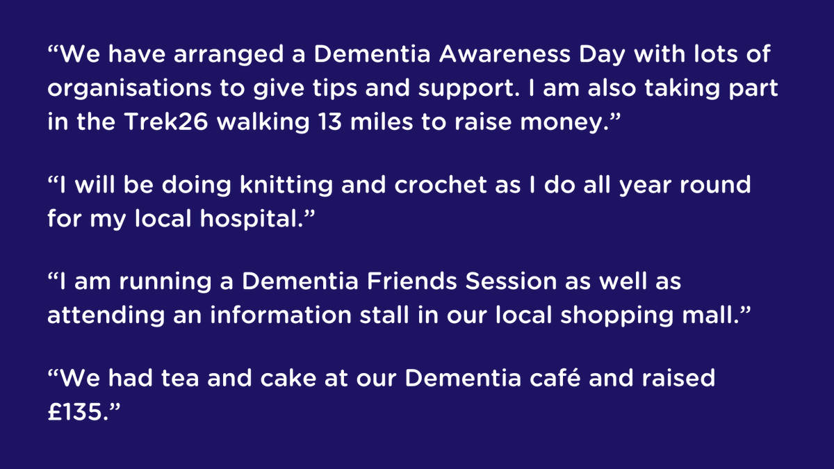 There have been lots of wonderful ways people are getting involved to raise awareness and money for dementia. Send us a message or email dementiafriends@alzheimers.org.uk Why not become a Dementia Friend during Dementia Action Week? spkl.io/60144Nm0a #DementiaActionWeek