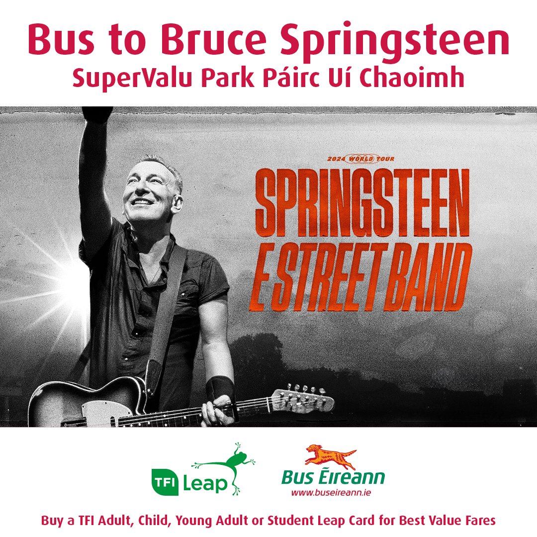 Take the bus to Live to SuperValu Páirc Uí Chaoimh to see Bruce Springsteen! Travel on Routes 202/202A, operating from Holyhill - Merchants Quay & Mahon Point or Route 212 operating from Kent Station and Clontarf Street. Single fares cost less with a Leap Card @aikenpromotions