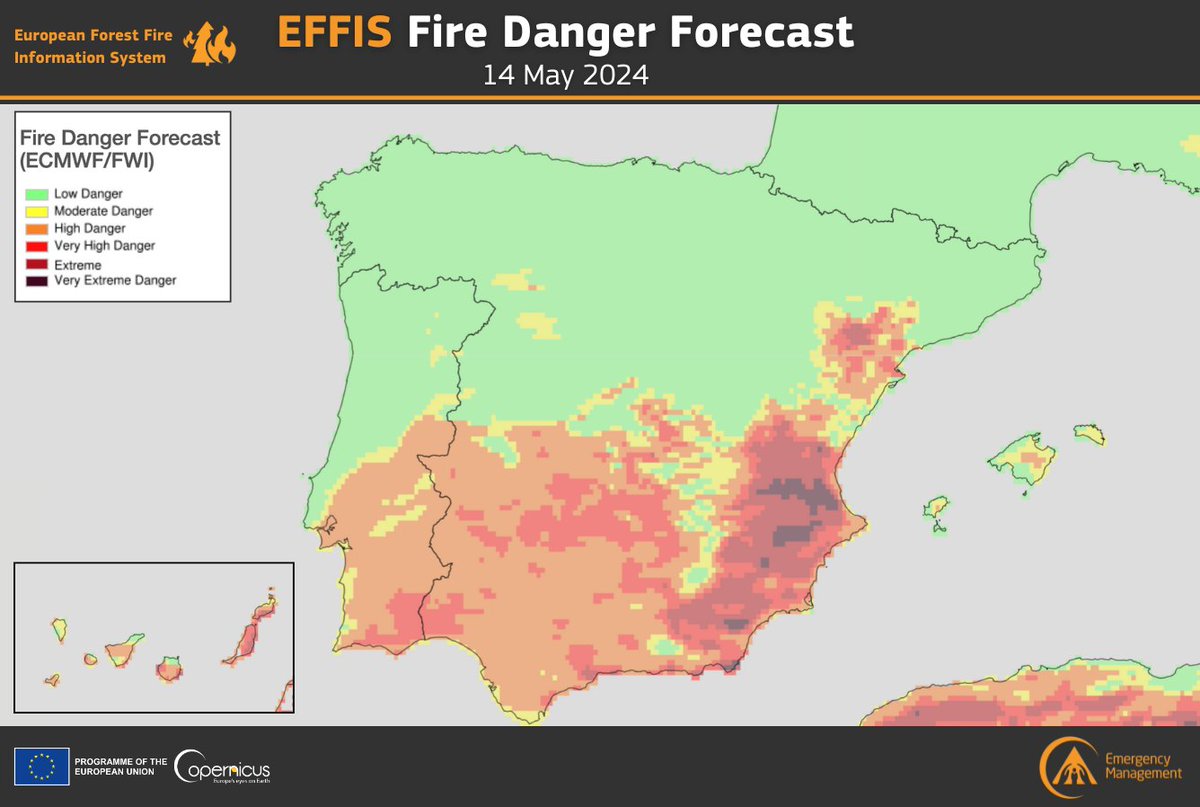 Today's #EFFIS Fire Danger Forecast shows varying levels of danger in the south and east of the Iberian Peninsula

⚫️ 'Very Extreme Danger' levels are present in areas of the #Andalucía and #ComunitatValenciana regions of #Spain 🇪🇸

More at👇
forest-fire.emergency.copernicus.eu/apps/effis_cur…