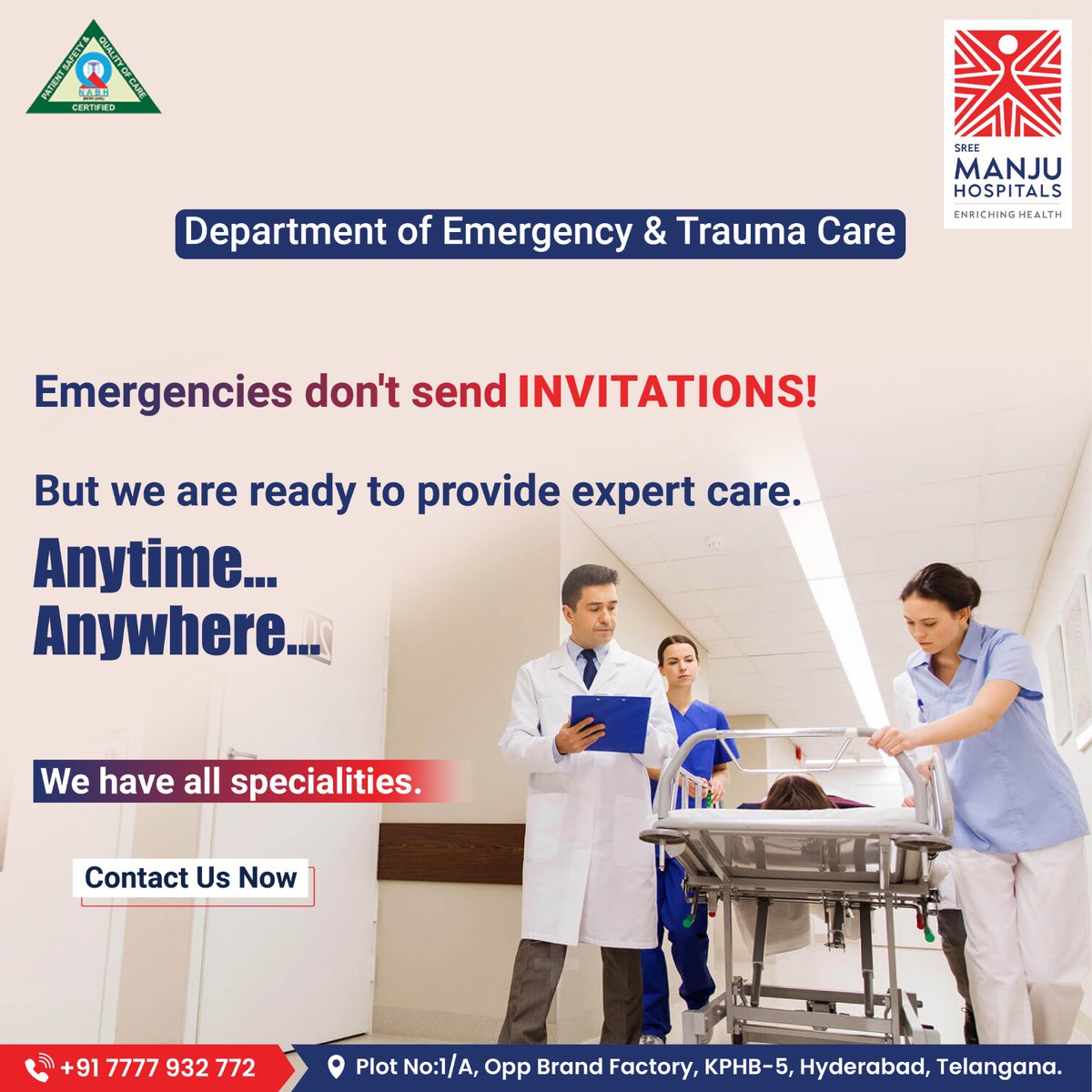 When emergencies strike, time is of the essence. At Sree Manju Hospital's Department of Emergency & Trauma Care, we recognise that accidents and medical crises can occur suddenly and unexpectedly. 

#emergency #traumacare #emergencysurgery #criticalcare #traumarecovery