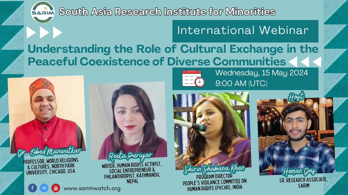 Join us for an insightful webinar on 'Understanding the Role of Cultural Exchange in Peaceful Coexistence of Diverse Communities' with esteemed speakers Dr. Obed, Reeta Piyar, and Shirin Shabana Khan. Don't miss this opportunity to learn and engage! #CulturalExchange…