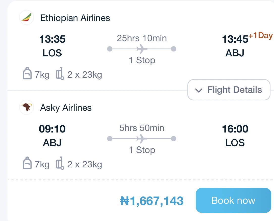 Return flight tickets from LAGOS to ABIDJAN at over two million naira😦😳😳😱🤯