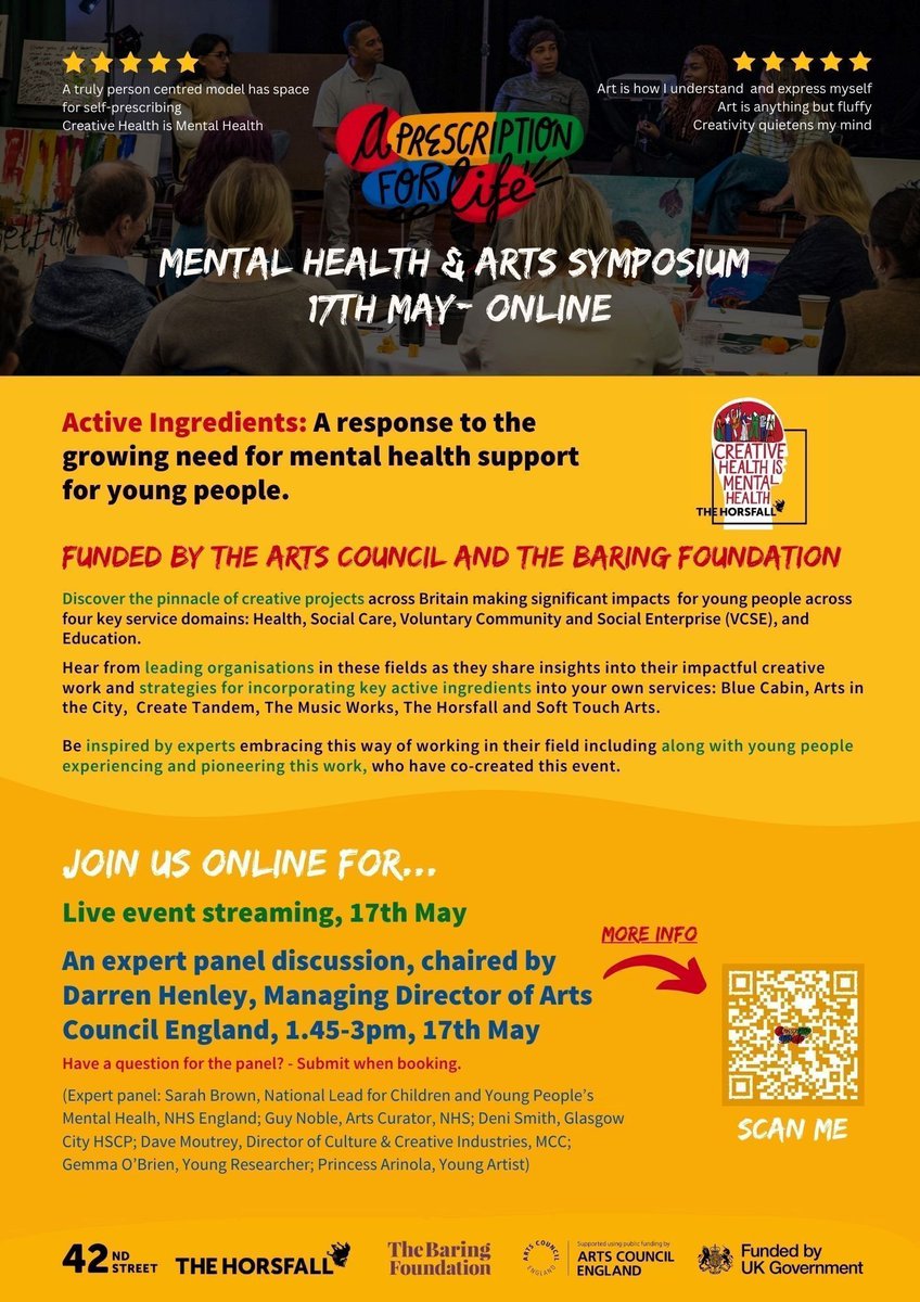 Limited tickets left for the Mental Health and Arts Symposium livestream, hosted by @42ndStreetmcr and chaired by @HENLEYDARREN 📣 Hear from experts about the growing need for youth mental health support this Friday (17 May) 👇 buff.ly/4afptN9 #MentalHealthAwarenessWeek