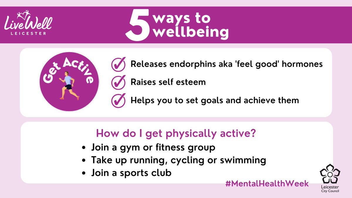 Being more active can really improve your mental health. You don’t have to run marathons or cycles 100’s of miles – anything counts from walking to dancing 💃. For more ideas on how to get #Active in #Leicester 👇 ow.ly/bRky50RC1TI #MentalHealthWeek