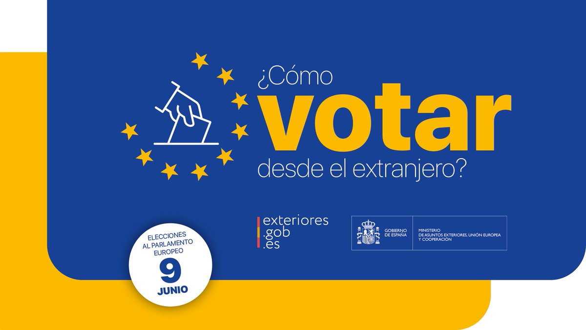 Abierta la convocatoria para las #EleccionesEuropeas #EleccionesUE2024 del 9 de junio.

Si vives, o vas a estar, fuera de #España infórmate sobre los procedimientos para votar desde el extranjero en exteriores.gob.es/es/Paginas/Ele…

#VotoExterior #9J #ParlamentoEuropeo