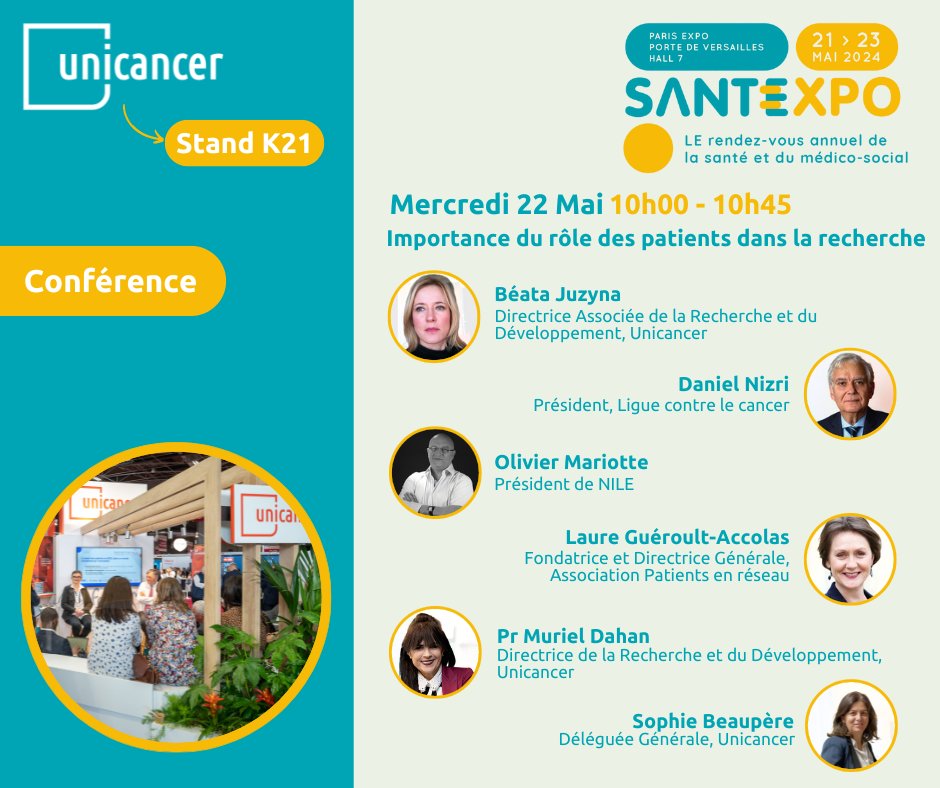#Santexpo 💡 La première conférence du mercredi 22 mai aura lieu à 10h et traitera de 'L'importance du rôle des patients dans la recherche' Plusieurs intervenants viendront échanger autour de ce sujet clé ! 👉 Retrouvez-nous sur le stand Unicancer K21 urlz.fr/qAdF